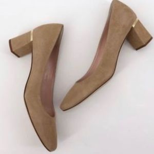 Kate Spade Dolores Too Suede Stacked Gold Heels